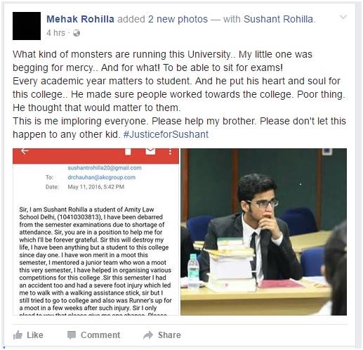 sushant rohilla amity law school delhi suicide